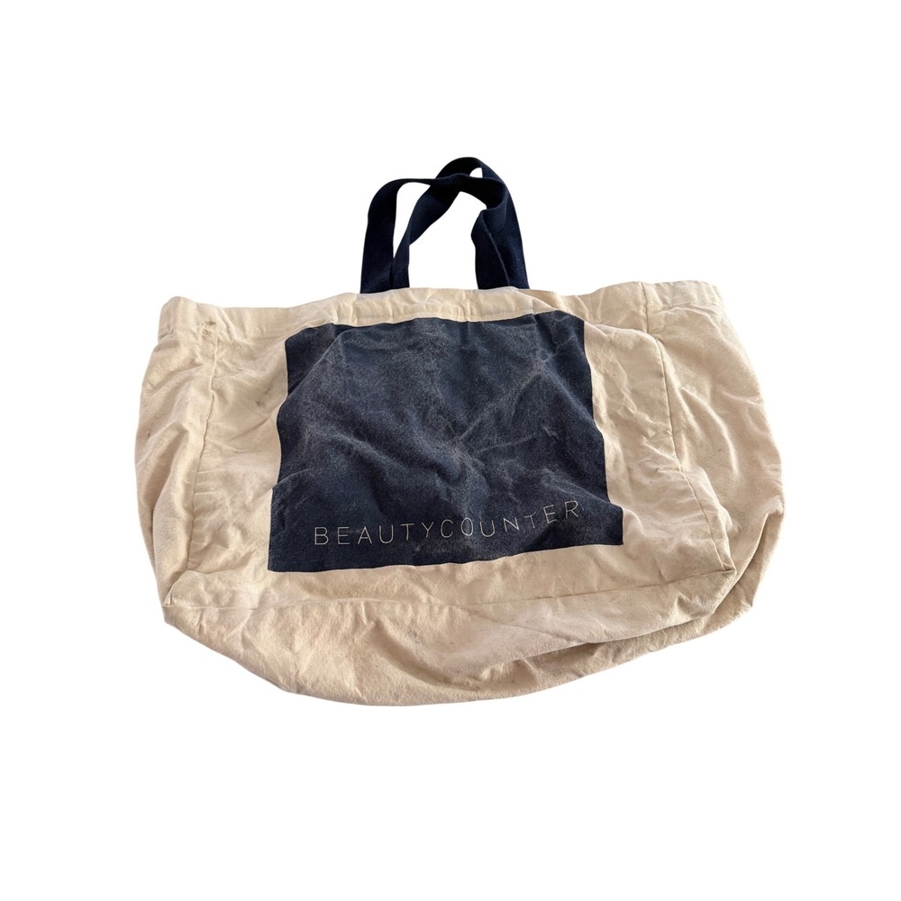 Beautycounter Canvas Tote Bag Navy Blue Cream Logo Large Grocery Beach Carryall